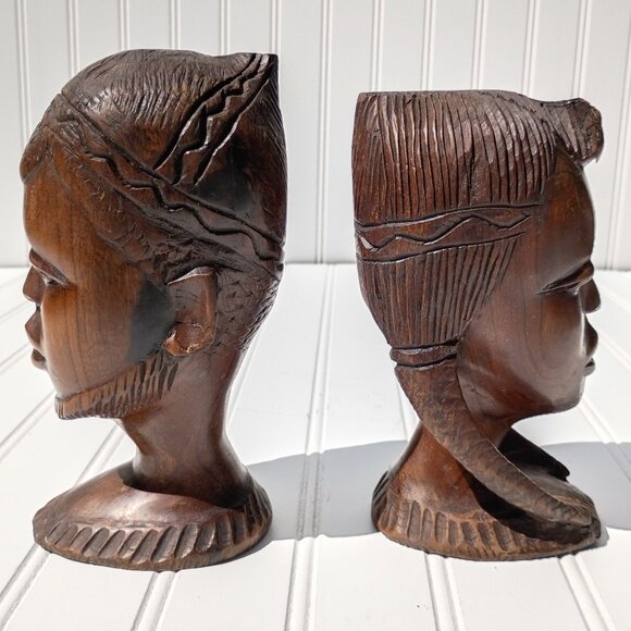 Tribal Face Sculptures Bookends Ironwood Statues Native African Hand Carved MCM - Picture 4 of 11